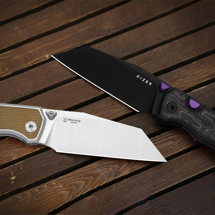 Kizer Ki3738A2 Wharning (S45VN, Wharncliffe, Sheepsfoot, Aluminum/Norplex UltreX Micarta) Pocket Knife