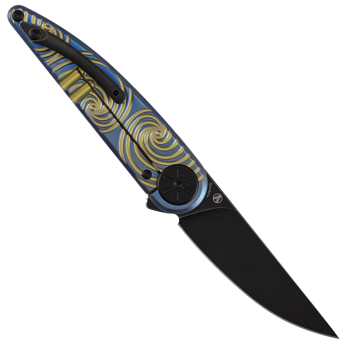 Kansept K2141A3 Symétrix (CPM S35VN, Blackwash, Clip Point, Blue Anodized Titanium with Gold Swirl Pattern) Pocket Knife