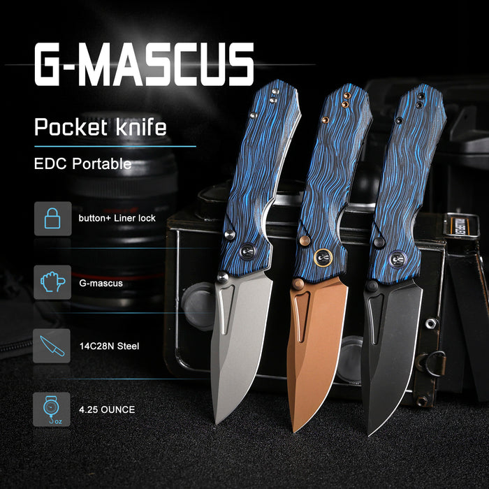REMETTE RNGC1 RT-Rhino (14C28N, Black, Stonewashed, Drop Point, Blue/Black G10) Folding Knife