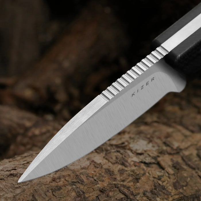 Kizer 1108A6 Whiskey Jack (AEB-L, Drop Point, Satin, G10, Micarta, Skeletonized Tang) Fixed Blade Knife
