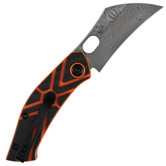 Tenable B2087A4 Osprey (Damascus, Recurved Hawkbill, Twill Carbon Fiber & Orange G10) Folding Knife