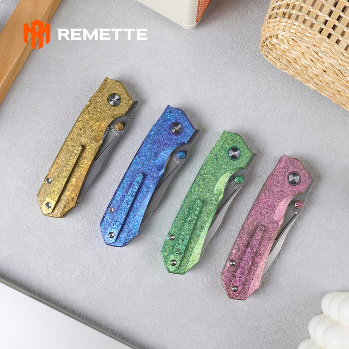 REMETTE RNTB3 RT-Rhino (M390, Drop Point, Pearlescent, Crystallized Titanium, Blue) Pocket Knife