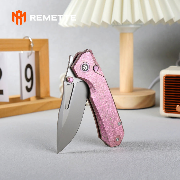 REMETTE RNTB1 RT-Rhino (M390, Drop Point, Pearlescent, Crystallized Titanium, Pink) Pocket Knife