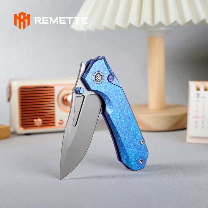 REMETTE RNTB3 RT-Rhino (M390, Drop Point, Pearlescent, Crystallized Titanium, Blue) Pocket Knife