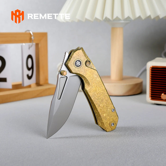 REMETTE RNTB2 RT-Rhino (M390, Drop Point, Pearlescent, Crystallized Titanium, Yellow) Pocket Knife