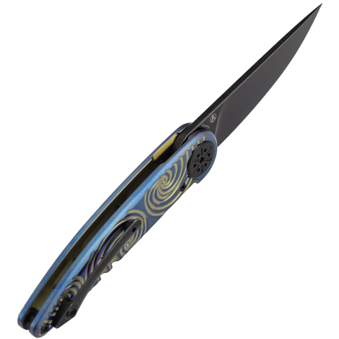 Kansept K2141A3 Symétrix (CPM S35VN, Blackwash, Clip Point, Blue Anodized Titanium with Gold Swirl Pattern) Pocket Knife