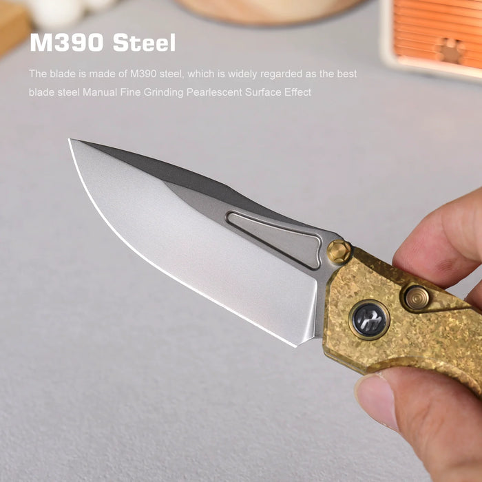 REMETTE RNTB2 RT-Rhino (M390, Drop Point, Pearlescent, Crystallized Titanium, Yellow) Pocket Knife
