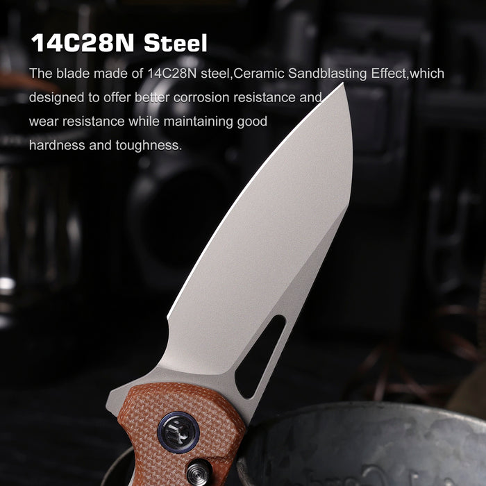Remette RTCMLF RT-Camel (14C28N, Sheepsfoot, Ceramic Sandblasted, Micarta, Button Liner Lock) Folding Pocket Knife