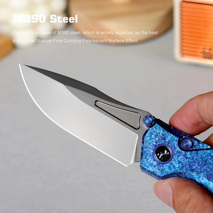 REMETTE RNTB3 RT-Rhino (M390, Drop Point, Pearlescent, Crystallized Titanium, Blue) Pocket Knife