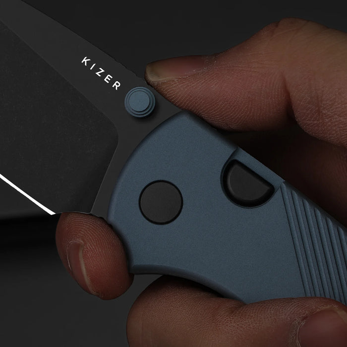 Kizer V3801A3 Glaux (14C28N, Drop Point, Black PVD, Stonewashed, Aluminum, Button Liner Lock) Pocket Knife