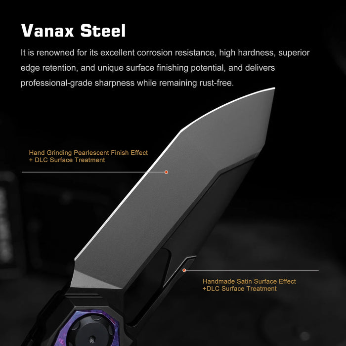 REMETTE RTT1-VNB RT-Peregrine Falcon (Vanax Steel, Reverse Tanto, Hand Grinding Pearlescent Finish Effect+DLC Surface Treatment, Titanium+Crystallized Titanium) Folding Knife
