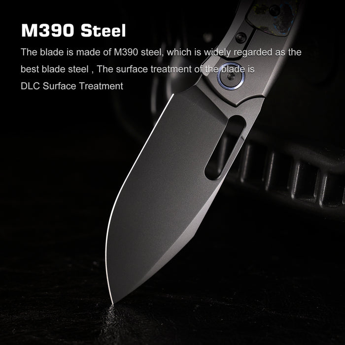 Remette ORCAURD RT-Orca (M390, Drop Point, Pearlescent DLC, Titanium & Ultimate Warrior CamoCarbon, Button Frame Lock) Folding Pocket Knife