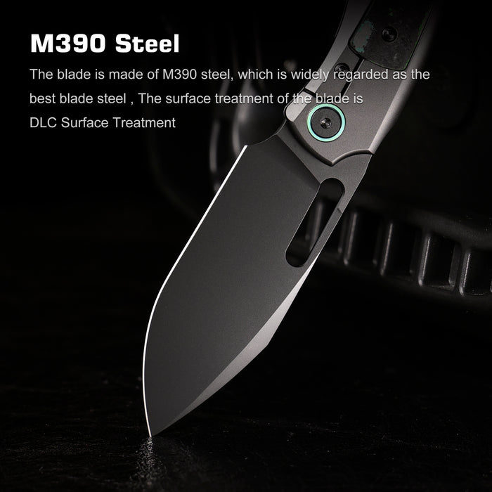 Remette ORCAKDD RT-Orca (M390, Drop Point, Pearlescent DLC, Titanium & Kelp Bed CamoCarbon, Button Frame Lock) Folding Pocket Knife