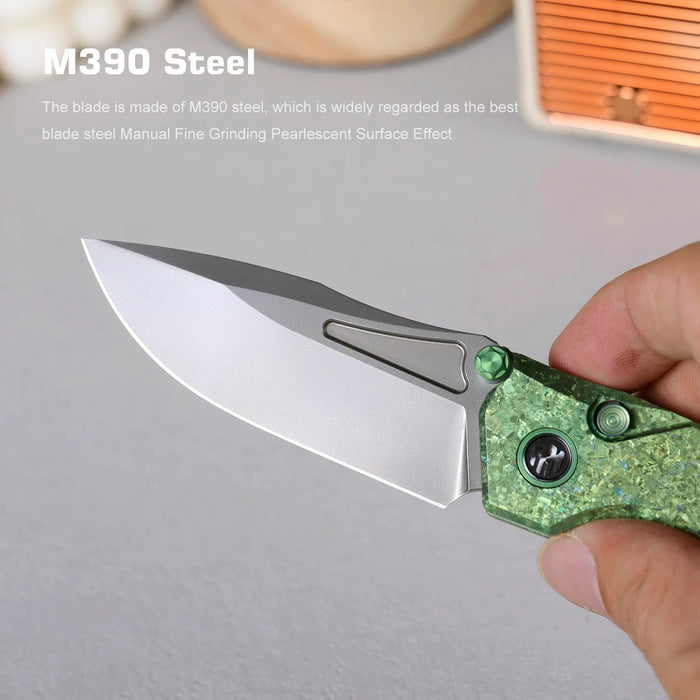REMETTE RNTB4 RT-Rhino (M390, Drop Point, Pearlescent, Crystallized Titanium, Green) Pocket Knife