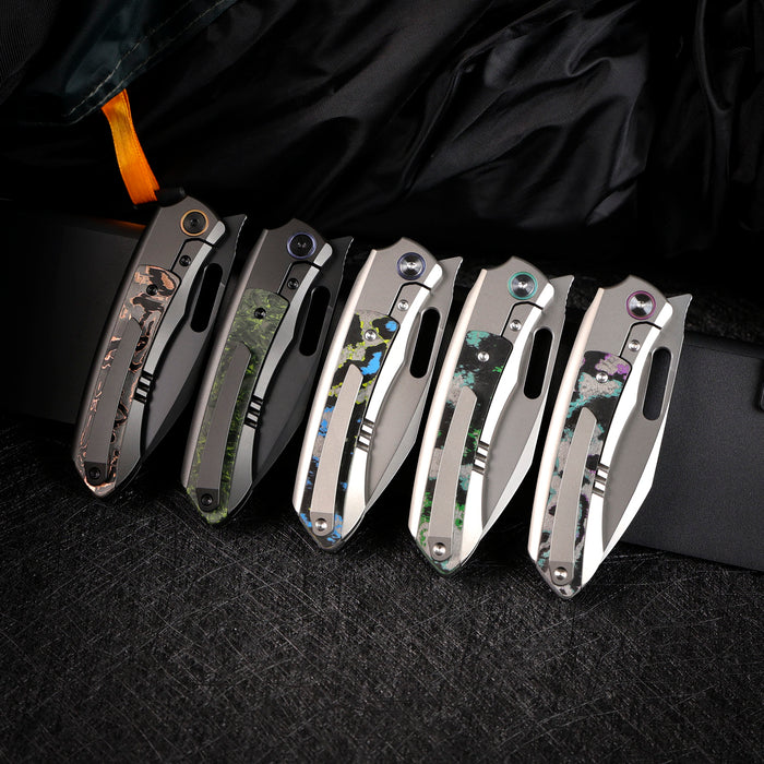 Remette ORCALS RT-Orca (M390, Drop Point, Pearlescent, Titanium & Carbon Fiber, Button Frame Lock) Pocket Knife