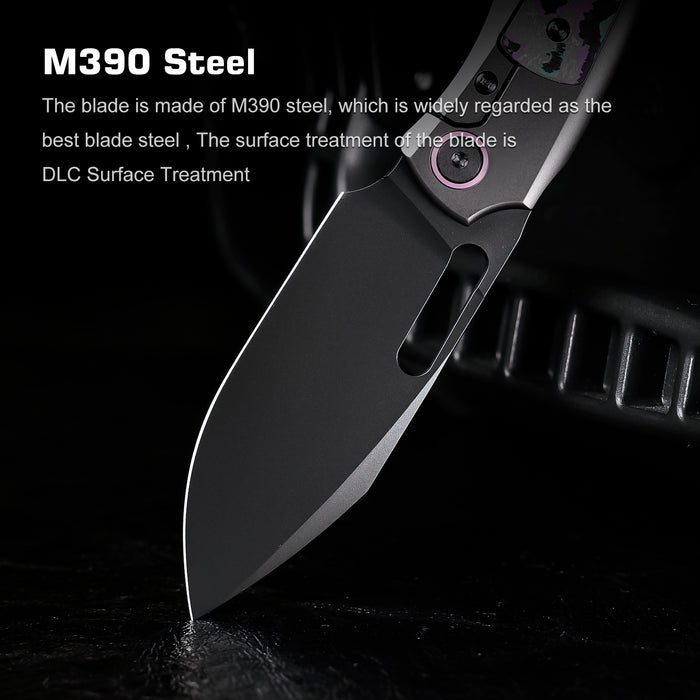 Remette ORCAJYD RT-Orca (M390, Drop Point, Pearlescent DLC, Titanium & Jazzy CamoCarbon, Button Frame Lock) Folding Pocket Knife