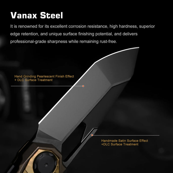 REMETTE RTT1-VNA RT-Peregrine Falcon (Vanax Steel, Reverse Tanto, Hand Grinding Pearlescent Finish Effect+DLC Surface Treatment, Titanium+Crystallized Titanium) Folding Knife