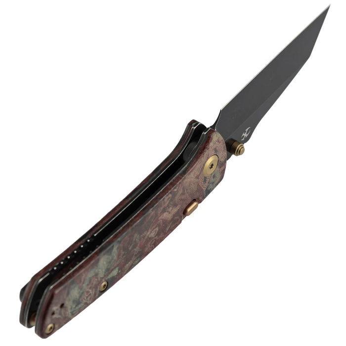 Kansept K1015H1 Main Street (Elmax, Wharncliffe, Blackwash, Red Rag Burl Canvas Micarta) Folding Knife