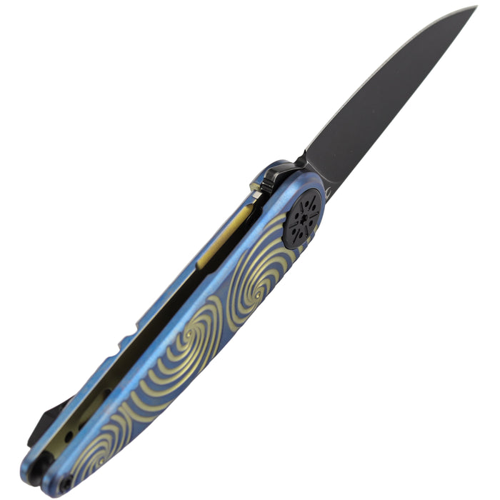 Kansept K2141A3 Symétrix (CPM S35VN, Blackwash, Clip Point, Blue Anodized Titanium with Gold Swirl Pattern) Pocket Knife
