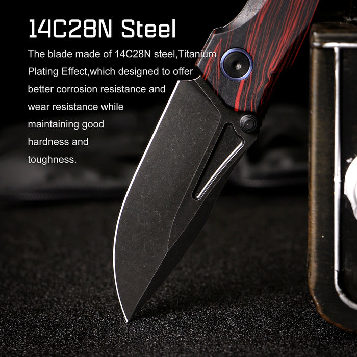 REMETTE RNGC2 RT-Rhino (14C28N, Black, Stonewashed, Drop Point, G10, Red/Black) Folding Knife