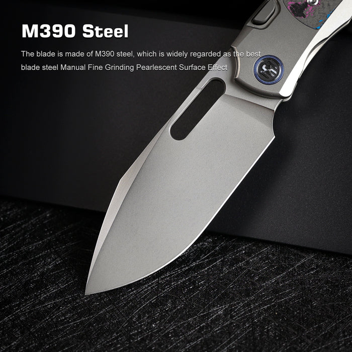 Remette ORCAUR RT-Orca (M390, Drop Point, Pearlescent, Titanium & Carbon Fiber, Button Frame Lock) Pocket Knife