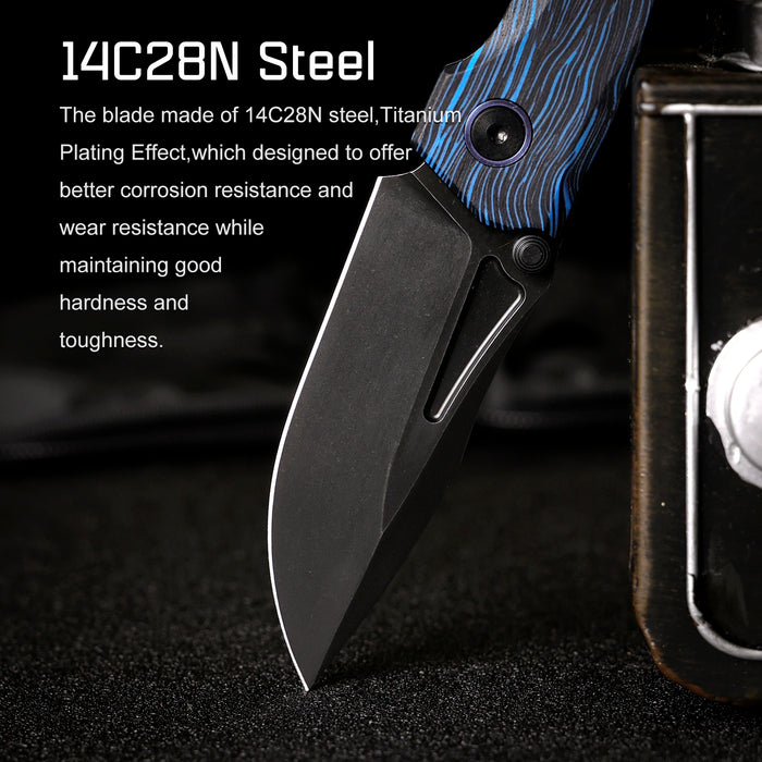 REMETTE RNGC1 RT-Rhino (14C28N, Black, Stonewashed, Drop Point, Blue/Black G10) Folding Knife