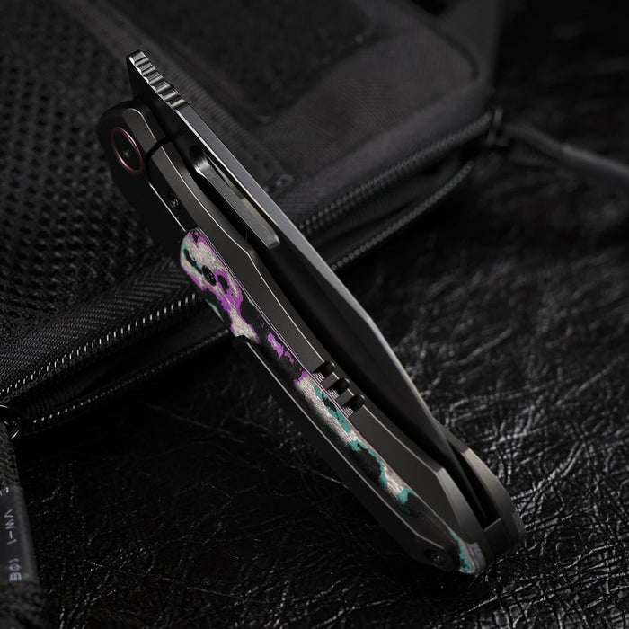 Remette ORCAJYD RT-Orca (M390, Drop Point, Pearlescent DLC, Titanium & Jazzy CamoCarbon, Button Frame Lock) Folding Pocket Knife