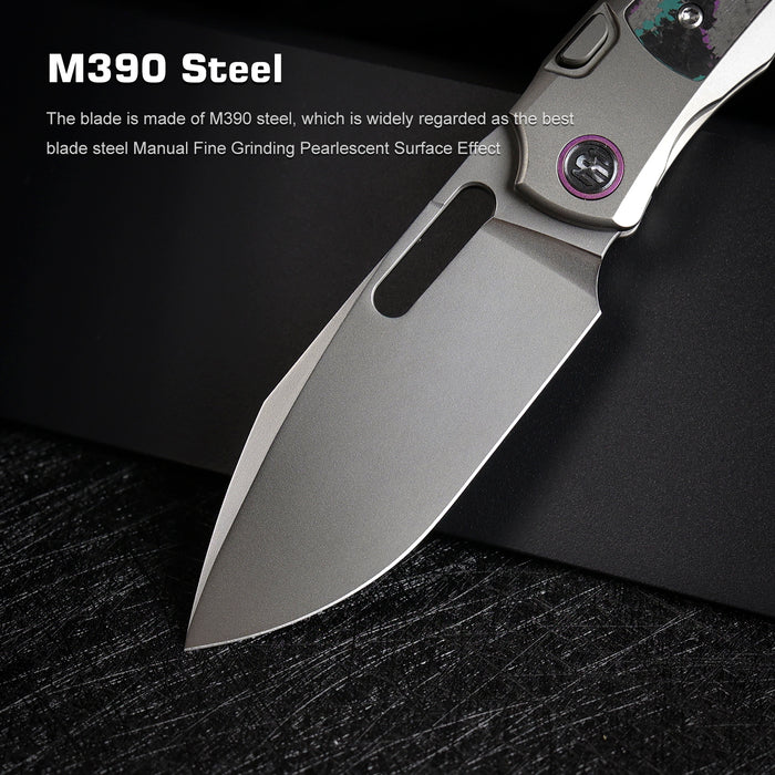 Remette ORCAJY RT-Orca (M390, Drop Point, Pearlescent, Titanium & Carbon Fiber, Button Frame Lock) Pocket Knife