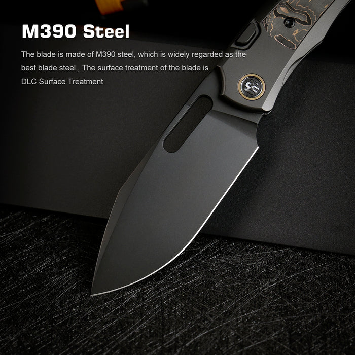 Remette ORCATB RT-Orca (M390, Drop Point, Pearlescent, Titanium & Carbon Fiber, Button Frame Lock) Pocket Knife