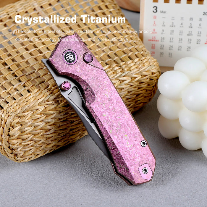 REMETTE RNTB1 RT-Rhino (M390, Drop Point, Pearlescent, Crystallized Titanium, Pink) Pocket Knife
