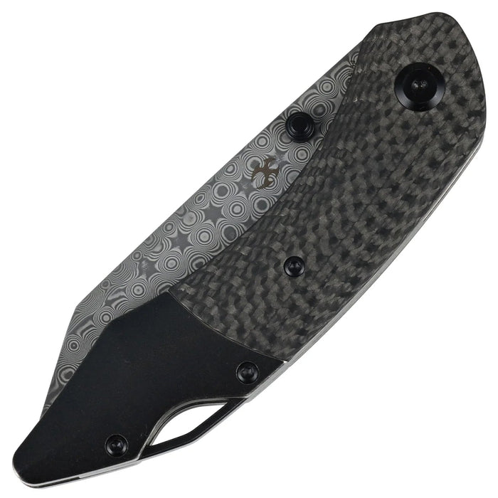 Kansept K1151A4 K9 (Damascus, Modified Wharncliffe, Acid Etched, Twill Carbon Fiber/G10 Laminate & Blackwash Titanium) Folding Knife