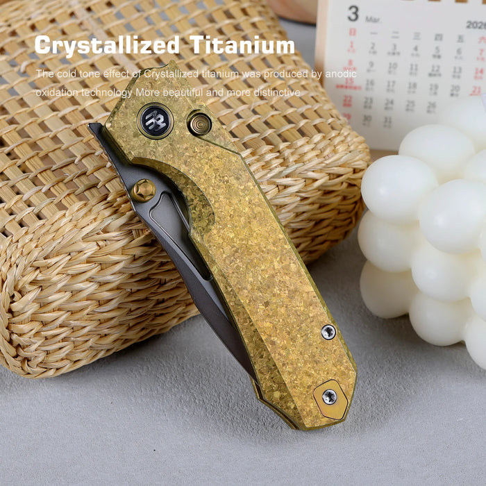 REMETTE RNTB2 RT-Rhino (M390, Drop Point, Pearlescent, Crystallized Titanium, Yellow) Pocket Knife