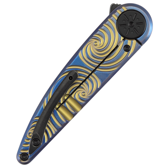 Kansept K2141A3 Symétrix (CPM S35VN, Blackwash, Clip Point, Blue Anodized Titanium with Gold Swirl Pattern) Pocket Knife