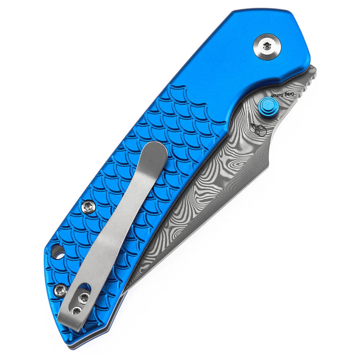 Tenable B1034H9 Fenrir (Damascus, Harpoon, Blackwash, Dark Blue Anodized Aluminum with Fishscale Texture) Folding Knife