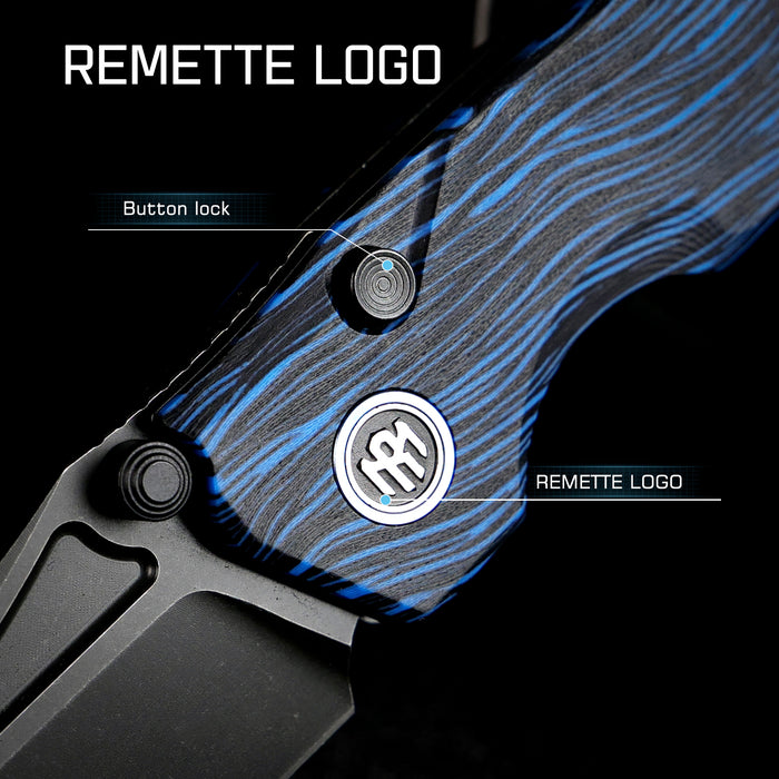 REMETTE RNGC1 RT-Rhino (14C28N, Black, Stonewashed, Drop Point, Blue/Black G10) Folding Knife