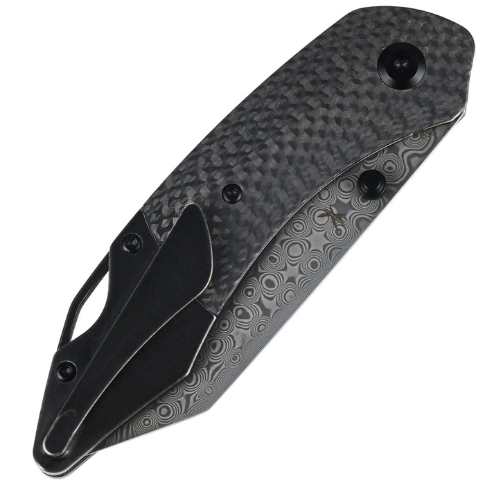 Kansept K1151A4 K9 (Damascus, Modified Wharncliffe, Acid Etched, Twill Carbon Fiber/G10 Laminate & Blackwash Titanium) Folding Knife