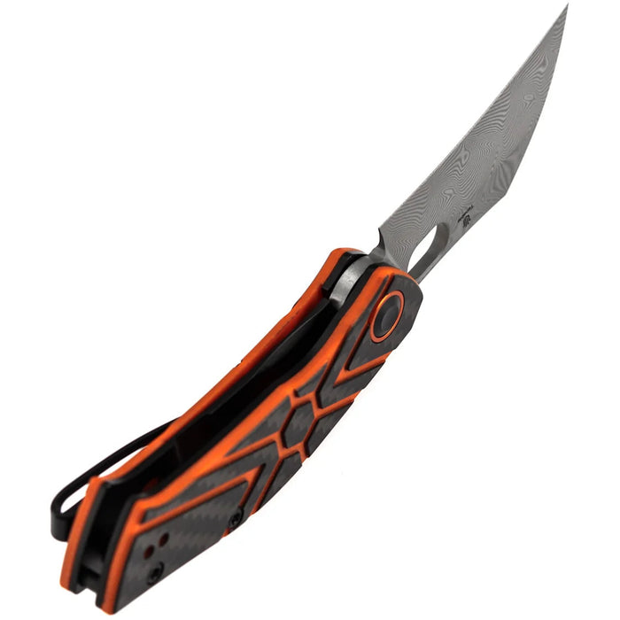 Tenable B2087A4 Osprey (Damascus, Recurved Hawkbill, Twill Carbon Fiber & Orange G10) Folding Knife