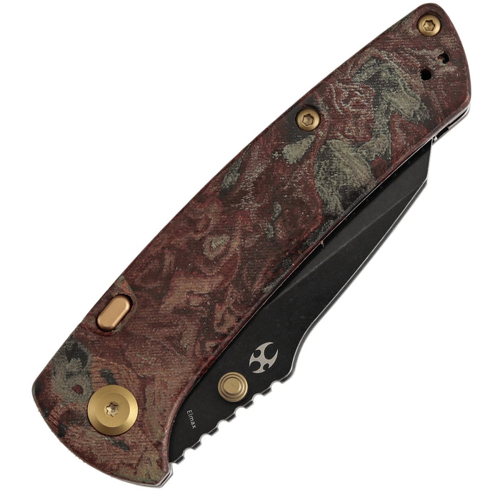 Kansept K1015H1 Main Street (Elmax, Wharncliffe, Blackwash, Red Rag Burl Canvas Micarta) Folding Knife