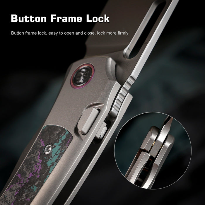 Remette ORCAJY RT-Orca (M390, Drop Point, Pearlescent, Titanium & Carbon Fiber, Button Frame Lock) Pocket Knife