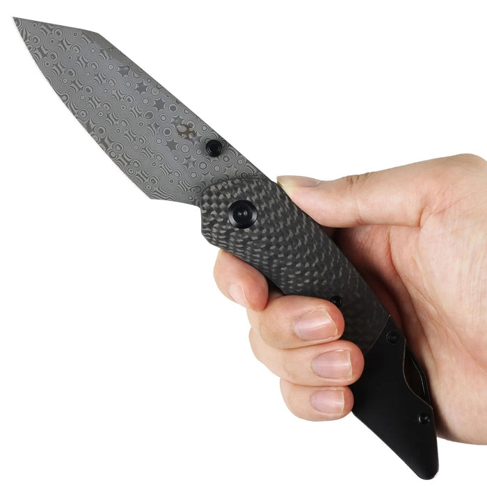 Kansept K1151A4 K9 (Damascus, Modified Wharncliffe, Acid Etched, Twill Carbon Fiber/G10 Laminate & Blackwash Titanium) Folding Knife