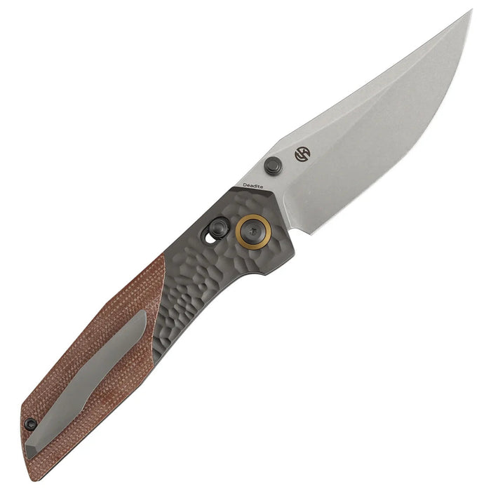 Kansept T1081V1 Deadite (154CM, Clip Point, Stonewashed, Gray Aluminum with Brown Micarta Scales) Folding Knife