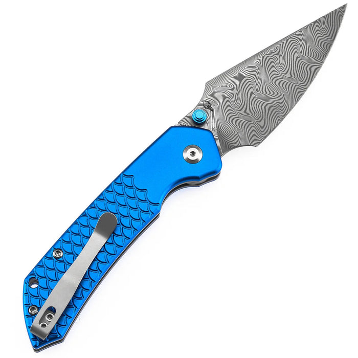 Tenable B1034H9 Fenrir (Damascus, Harpoon, Blackwash, Dark Blue Anodized Aluminum with Fishscale Texture) Folding Knife
