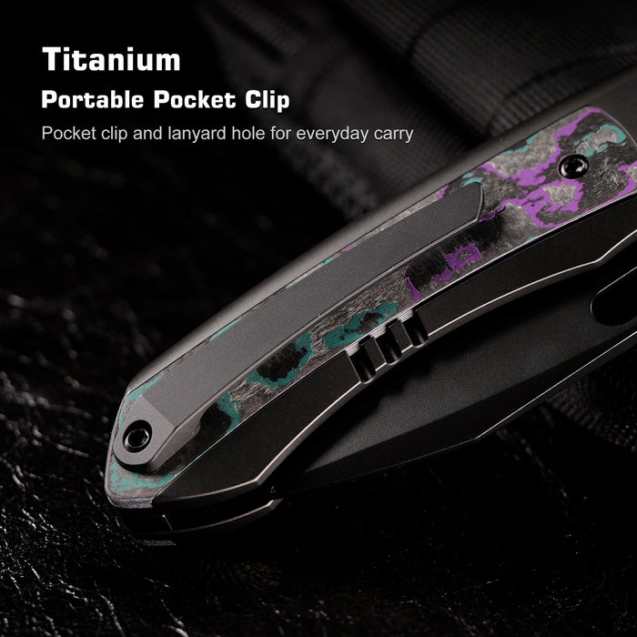 Remette ORCAJYD RT-Orca (M390, Drop Point, Pearlescent DLC, Titanium & Jazzy CamoCarbon, Button Frame Lock) Folding Pocket Knife