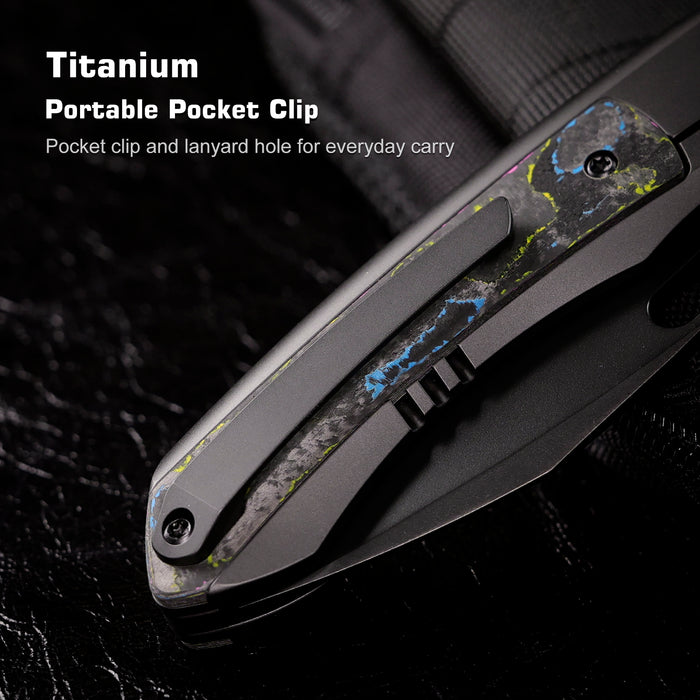 Remette ORCAURD RT-Orca (M390, Drop Point, Pearlescent DLC, Titanium & Ultimate Warrior CamoCarbon, Button Frame Lock) Folding Pocket Knife