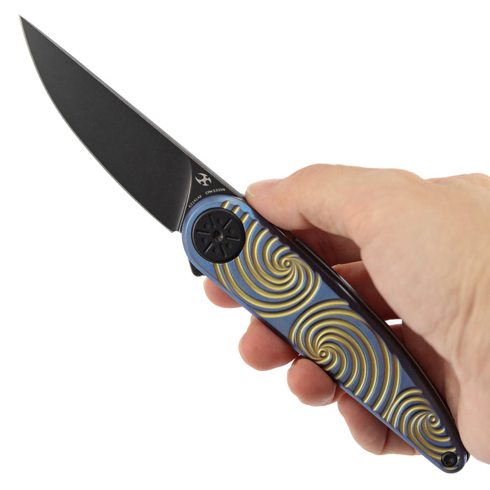 Kansept K2141A3 Symétrix (CPM S35VN, Blackwash, Clip Point, Blue Anodized Titanium with Gold Swirl Pattern) Pocket Knife