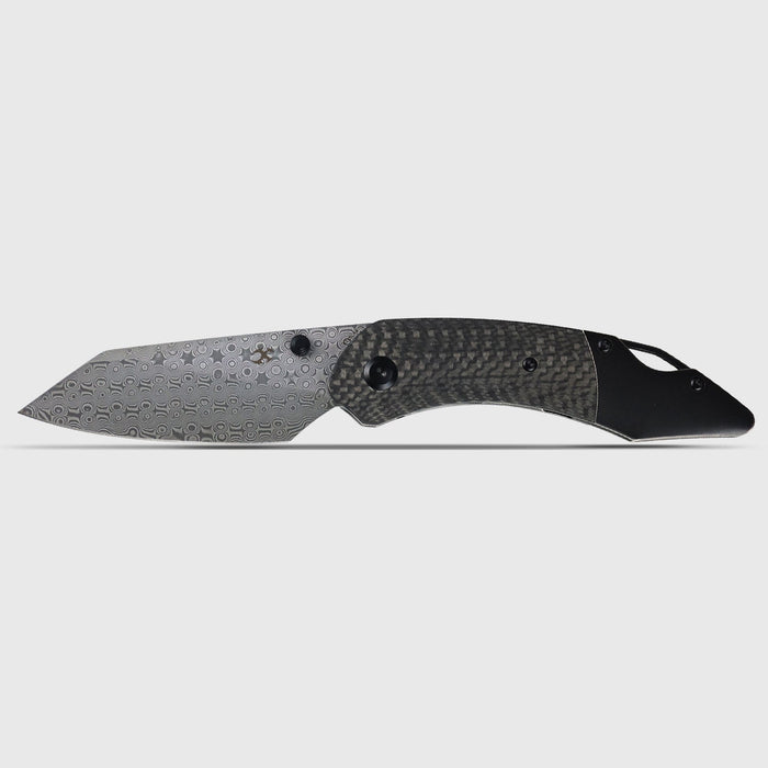 Kansept K1151A4 K9 (Damascus, Modified Wharncliffe, Acid Etched, Twill Carbon Fiber/G10 Laminate & Blackwash Titanium) Folding Knife