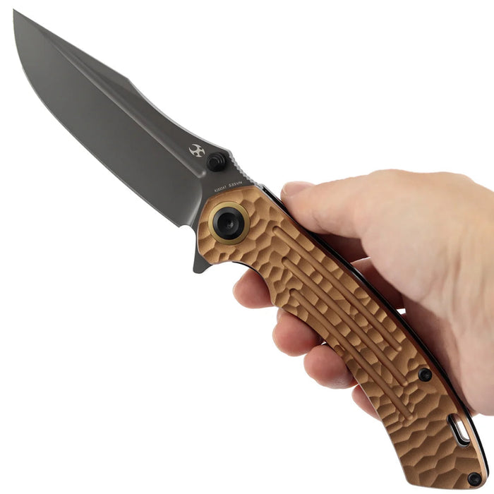 Kansept K1032A7 Pretatout (CPM S35VN, Drop Point, Stonewashed, Golden Aluminum with Rock Texture) Folding Knife