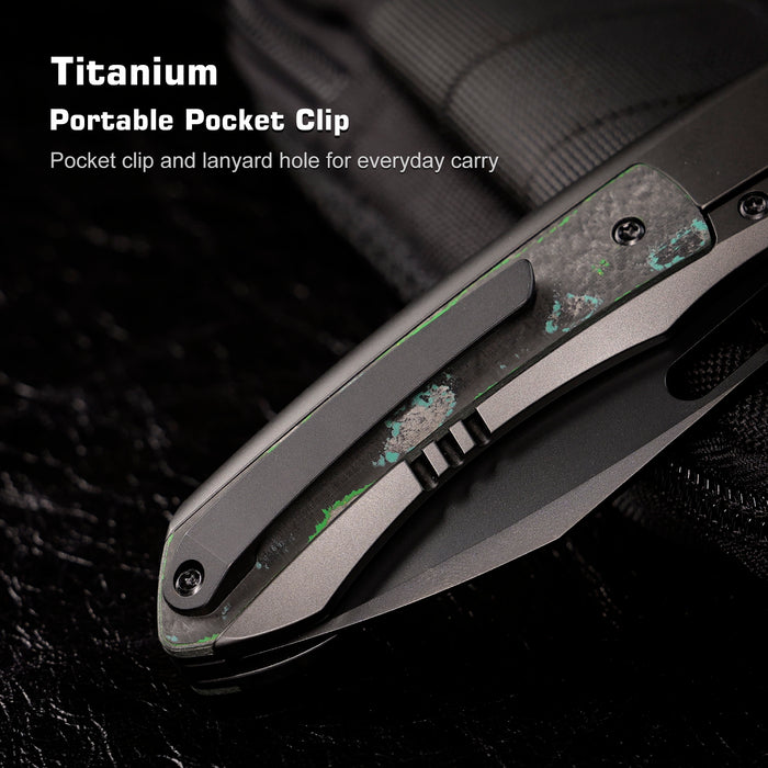 Remette ORCAKDD RT-Orca (M390, Drop Point, Pearlescent DLC, Titanium & Kelp Bed CamoCarbon, Button Frame Lock) Folding Pocket Knife