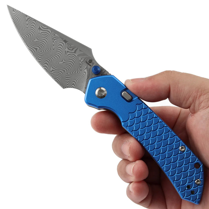 Tenable B1034H9 Fenrir (Damascus, Harpoon, Blackwash, Dark Blue Anodized Aluminum with Fishscale Texture) Folding Knife