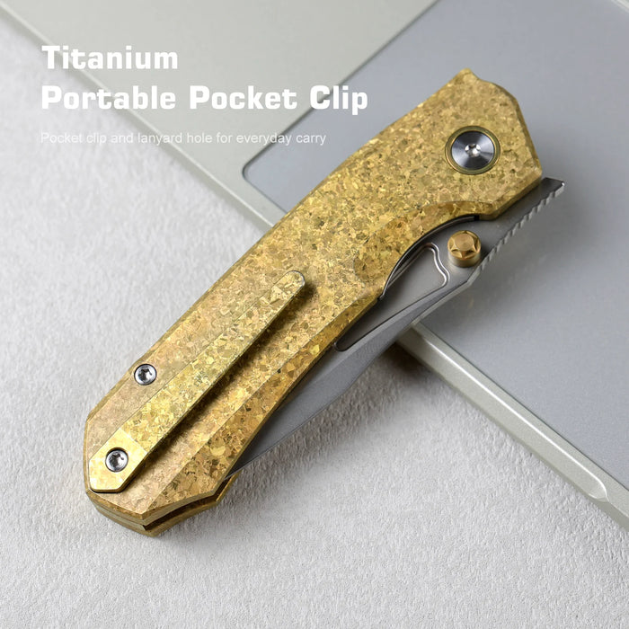 REMETTE RNTB2 RT-Rhino (M390, Drop Point, Pearlescent, Crystallized Titanium, Yellow) Pocket Knife